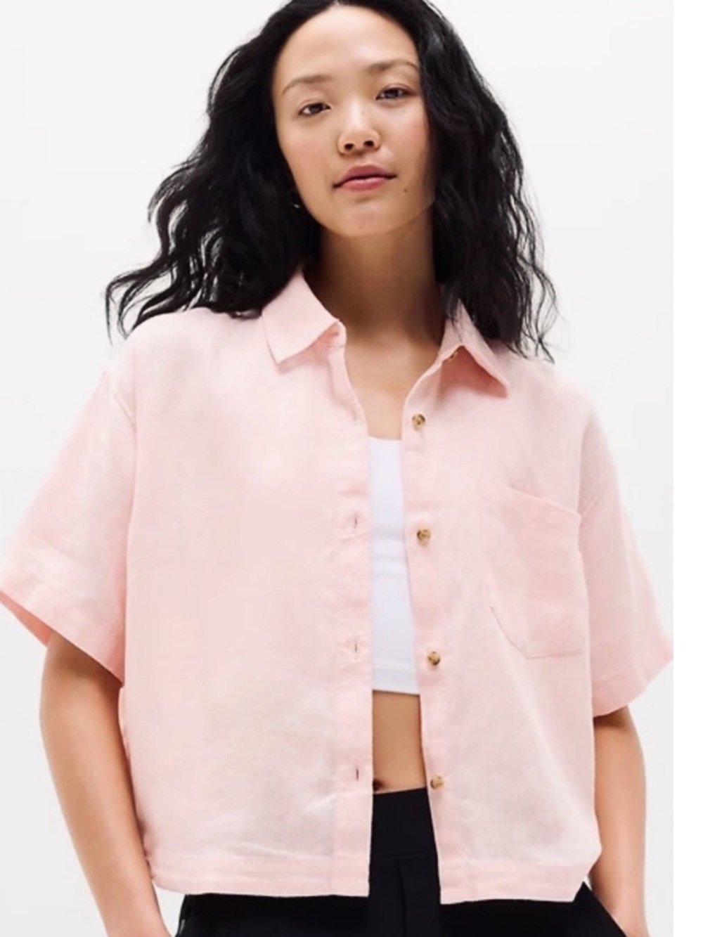 Athleta Retreat Linen Cropped Shirt in Salmon